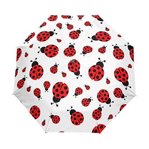 Oyihfvs Seamless Big and Small Red Ladybugs on White Automatic Windproof Waterproof Umbrella, Folding Umbrella Reinforced Portable Compact Anti-UV Sun rain Auto Open/Close