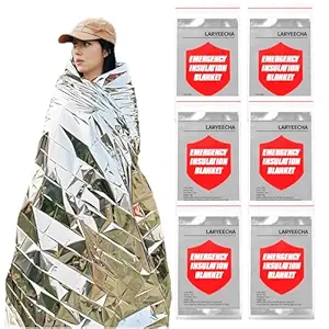 LARYEECHA Survival Emergency PET Polyester Coated Film Insulation Blanket, Aluminum Foil Space Blanket,First Aid Lifesaving Blanket, Camping Gear, Hiking (Silver) Individually Wrapped(6pcs)