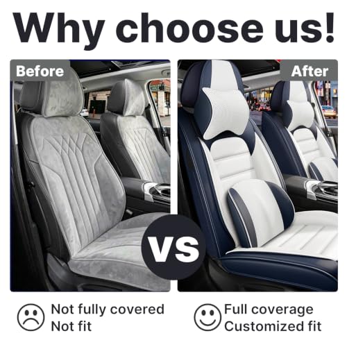 Image of Front Set Car Seat Covers for Jeep Compass 2007-2026, Waterproof Stain-Resistant Seat Cover, Premium Nappa Leather Seat Protectors with Storage Pockets(Luxury 2 Seats /Blue&White)