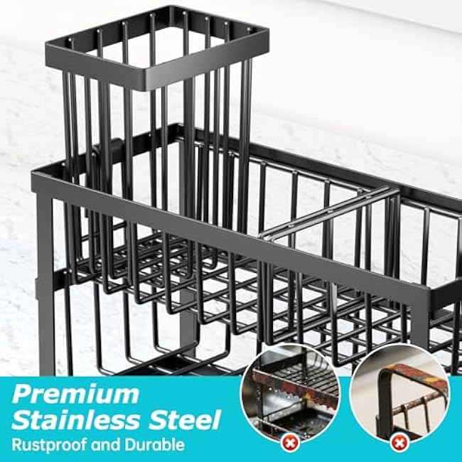 Sponge Holder for Kitchen Sink, 2 Tier Sink Caddy Organizer Countertop with Dish Brush Holder and 360¡ã Drain Tray, Rustproof Stainless Steel Dish Soap Storage Rack Set for Accessories