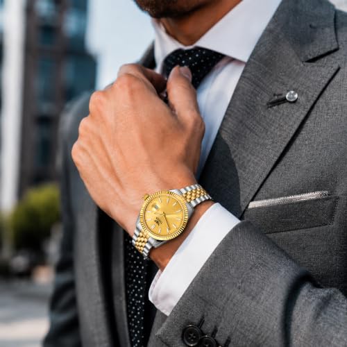 Image of Classic Gold Dial Quartz Watch for Men with Stainless Steel Two Tone Bracelet (Silver-Golden), Magnified Date Window & Water Resistant Build