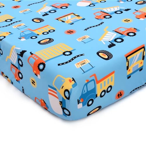 Image of JISEN Baby Crib Sheets Soft Breathable Fitted Crib Sheets for Standard Crib and Toddler Mattress Baby Bed Sheets for Crib for Boys Girls Neutral 52x28 Inch Blue Trucks