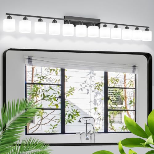 Image of 12 Light Black Vanity Lights for Giant Mirror, Bathroom Vanity Lights Over Mirror with Milky White Frosted Glass Shades,78.8 inch Bathroom Light Fixture for Mirrors, E26