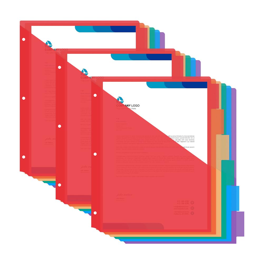 SUPERFINDINGS 18 Sheets 6-Tab Binder Divider with Pockets Letter Size Index Pockets Divider for 3 Ring Plastic Multicolor Dividers with Front Pocket for School Office and Home,28.5x25cm