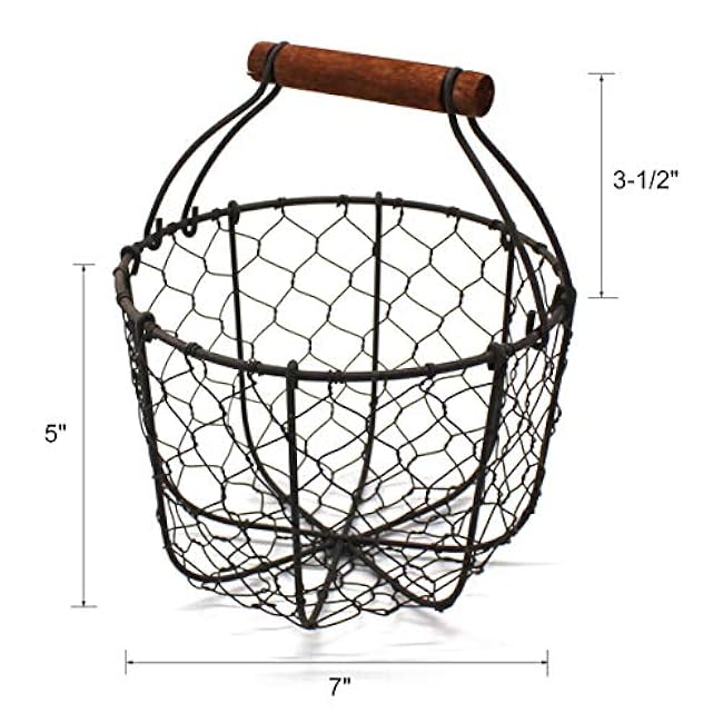 CVHOMEDECO. Round Chicken Wire Egg Basket Fruit Basket with Wooden Handle Primitives Vintage Gathering Basket. Rusty