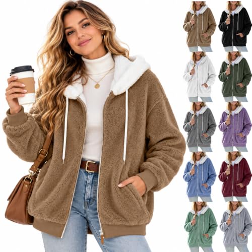 CHENXDZHAO Zip Up Hoodie Women,Winter Jackets For Women Plus Size Full Zip Up Hooded Sweatshirt 2026 Trendy Warm Cozy Fleece Jacket Outerwear,Khaki,L - image 1