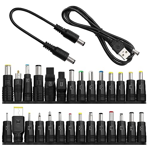 28 Pezzi Adattatore di Alimentazione DC Universale, KUOQIY DC Barrel Connettore Tips, 5.5x2.1 mm Femmina a Maschio Adattatore Jack Connettore con 2 Pezzi Cavo, per Ventilatori, Router