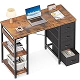 Coleshome Kleiner Schreibtisch mit 4 Schubladen, 100x40cm Schreibtisch mit Stauraum, Umkehrbarer Computertisch mit Regalen PC Tisch für Büro Arbeitszimmer Schlafzimmer, Braun