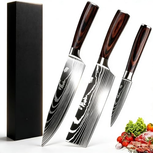 Camkum Messerset Scharfe, Kochmesser Set 3 Stück aus Hochwertigem Carbon Edelstahl, Küchenmesser Set mit Kochmesser, Nakiri Messer, Obstmesser,...