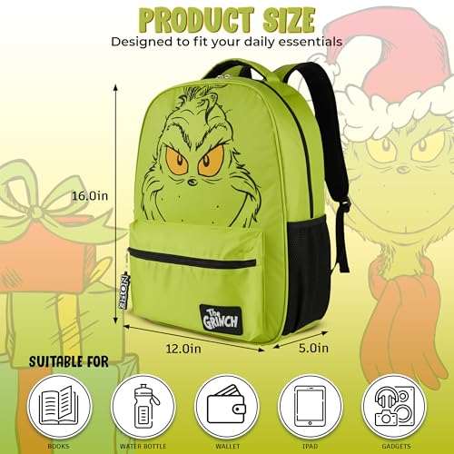 Image of AI ACCESSORY INNOVATIONS Dr. Suess's The Grinch Backpack for Boys & Girls Featuring a Big Face Grinch, 16 inchBookbag w /Molded Nope Dangle, Green