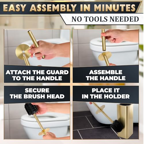 Image of Gold Toilet Brush and Holder Set - Instantly Elevate Your Bathroom Style - Stainless Steel Toilet Bowl Brush and Holder with 2 Rounded Corners, Replaceable Head, Removable Inner Bowl & Splash Guard