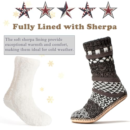 Image of Cozylook Fuzzy Slipper Socks for Women Soft Sole Non Slip Sherpa Lined | Chunky knit outer, cushioned underfoot, gripper dots for indoor floors, winter cabin sock design, gift box, machine washable