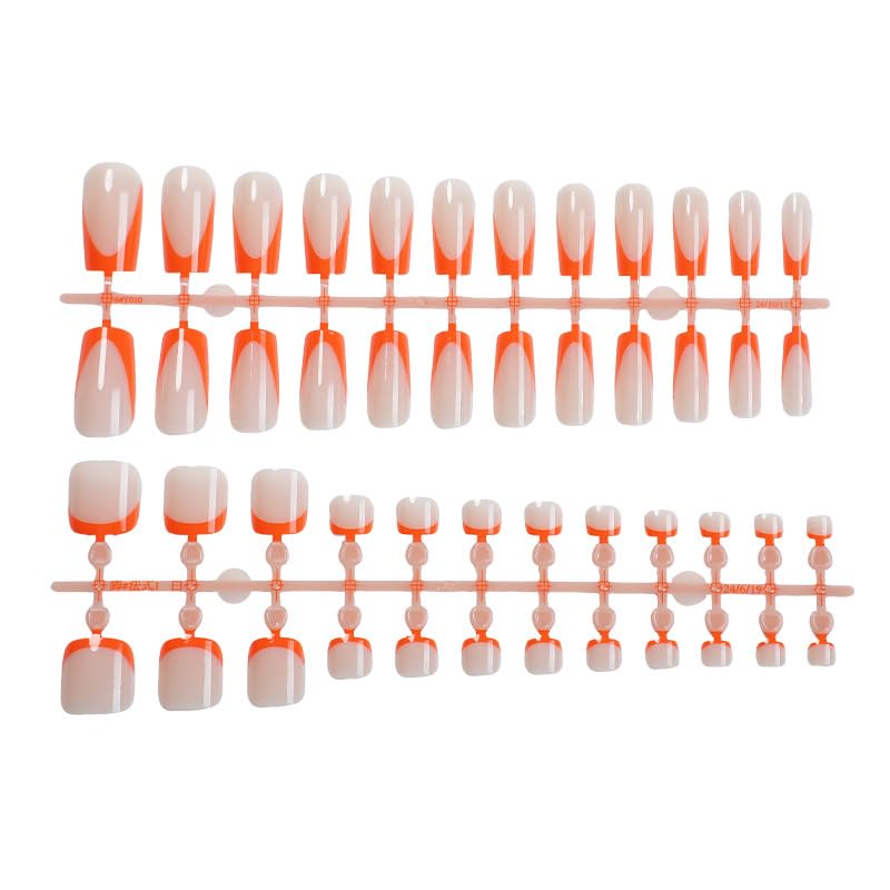 48 Pcs Orange French Tip Press on Nails - Glossy Full Cover