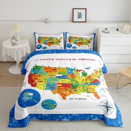 Image of US Geography Comforter Full Size, Geography USA Map Comforter Set for Kids Boys Girls Teens Learning Educational Bedding Set Educational Map Duvet Set Durable Bed Set 3Pcs