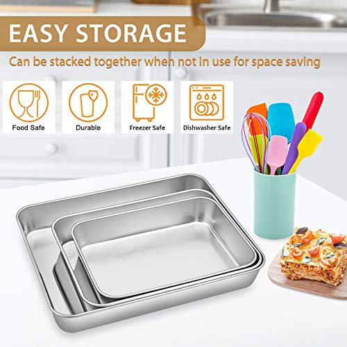E-far Baking Pans Set of 3, Stainless Steel Sheet Cake Pan for Oven - 12.5/10.5/9.4Inch, Rectangle Bakeware Set for Cake Lasagna Brownie Casserole Cookie, Non-toxic & Healthy, Dishwasher Safe by E-far - Image 7