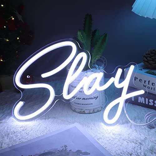 Image of SYLHOME Slay LED Neon Light Sign Cool Boys Girls Preppy Bedroom Game Play Room Wall Decor Sign Club Pub Bar Man Cave Game Birthday Party Decoration USB 11.8 inch X 8 inch Cold white