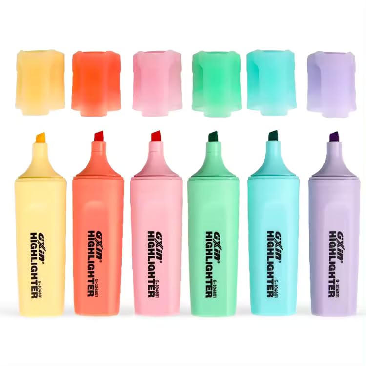 INOG GXIN Highlighter Pen, Aesthetic Highlighter Marker, Water Based, Quick Dry, No Bleed (Set of 6, Pastel Colours :- Yellow, Orange, Pink, Green, Blue, Purple)