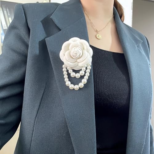 Image of Vintage Camellia Pearl Tassel Brooch Pin Bracelet Dainty Handmade Flower Beaded Tassel Brooch Red /Black /Pink /Grey /Blue /White Camellia Brooch Lapel Pins Wedding Party Birthday Christmas Jewelry for Women