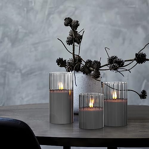 Image of Rhytsing Smoked Ribbed Glass Battery Operated LED Candles with Remote, Flameless Candle with Timer Gift Set for Home Decor, Warm White Lights- Include 6 Batteries - Set of 3