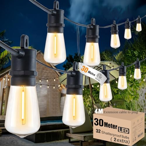 Meidaoduo Festoon Lights Outdoor 30M/100 FT Garden String Festoon Lights IP65 with 32 LED 2700K Bulbs Outdoor String Lights Mains for Indoor Outside Patio Pergola Decor 4M Extension Cable Built-in