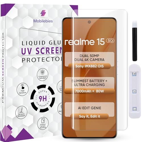 Image of Premium HD+ UV Tempered Glass Screen Protector For Realme 15 5G / 15 Pro 5G (6.8 Inch, Pack of 1) Full Adhesive UV Curved HD Screen Protector Case Friendly with installation kit & Guide
