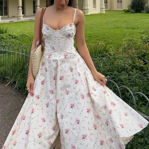 Women Sexy Spaghetti Straps Floral Print Corset Lace Spliced Bandage Back A-line Vacation Party Dress2