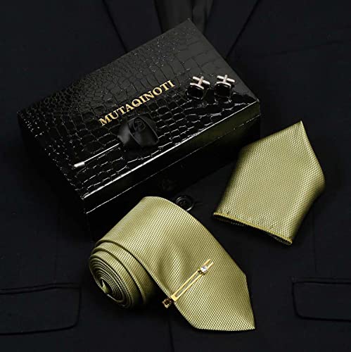 Image of MUTAQINOTI Mens Woven Premium Silk Necktie Suit Accessories Set With Pocket Square Cufflinks Brooch Golden Tie Pin (TEGP2)