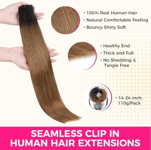 Lashey Light Yaki Straight Seamless Clip in Hair Extensions Human Hair 110g 7pcs Ombre Natural Black to Medium Auburn Hair Extensions Real Human Hair 20 Inch Long Human Hair Extensions for Women