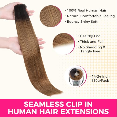 Lashey Light Yaki Straight Seamless Clip in Hair Extensions Human Hair 110g 7pcs Ombre Natural Black to Medium Auburn Hair Extensions Real Human Hair 20 Inch Long Human Hair Extensions for Women