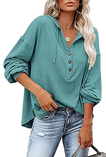 Luotelk Sweat-Shirt à Capuche pour Femme Lâche Léger Pull Col V boutonné avec Cordon de Serrage Automne Manches Longues(XXL)