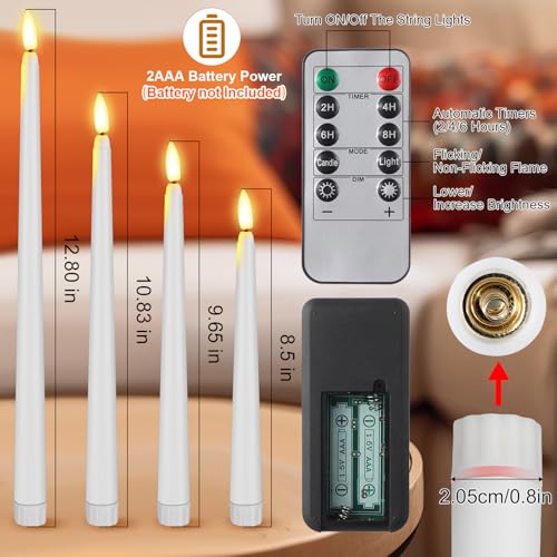 Image of Rossesay 16 Pcs White Flameless Taper Candles Battery Operated Candles with Remote Timer 8.5 inch 9.6 inch 10.8 inch 12.8 inch LED Flameless Flickering Candlestick for Halloween Christmas Wedding Party Decor