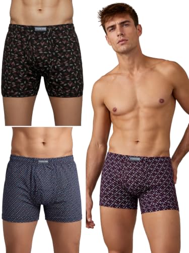 Image of Lux Cozi Men's Cotton Printed Inner Elastic Long Trunks for Men | Soft & Breathable Cotton Underwear | Comfortable Stretch Waistband | Printed Long Trunk Underwear Color & Print May Vary - Pack of 3