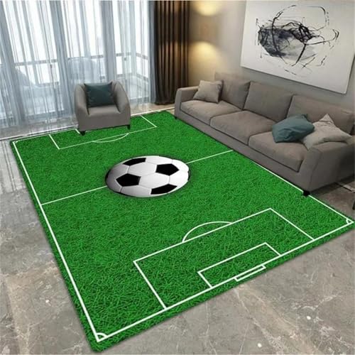 Tapis Foot Chambre Ado Terrain Football 3D Tapis Sol Football Deco Garcon Enfant Tapis De Salon Moderne Antidérapant Terrain De Football Vert Navy Flanelle...