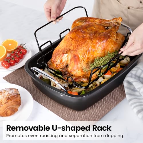 AOTASO Nonstick Roasting Pan with Rack, Turkey Roasting Pan for Oven, Large Roaster Pan with Handle for Chicken, 17 X 13 Inch, Carbon Steel, Dark Grey