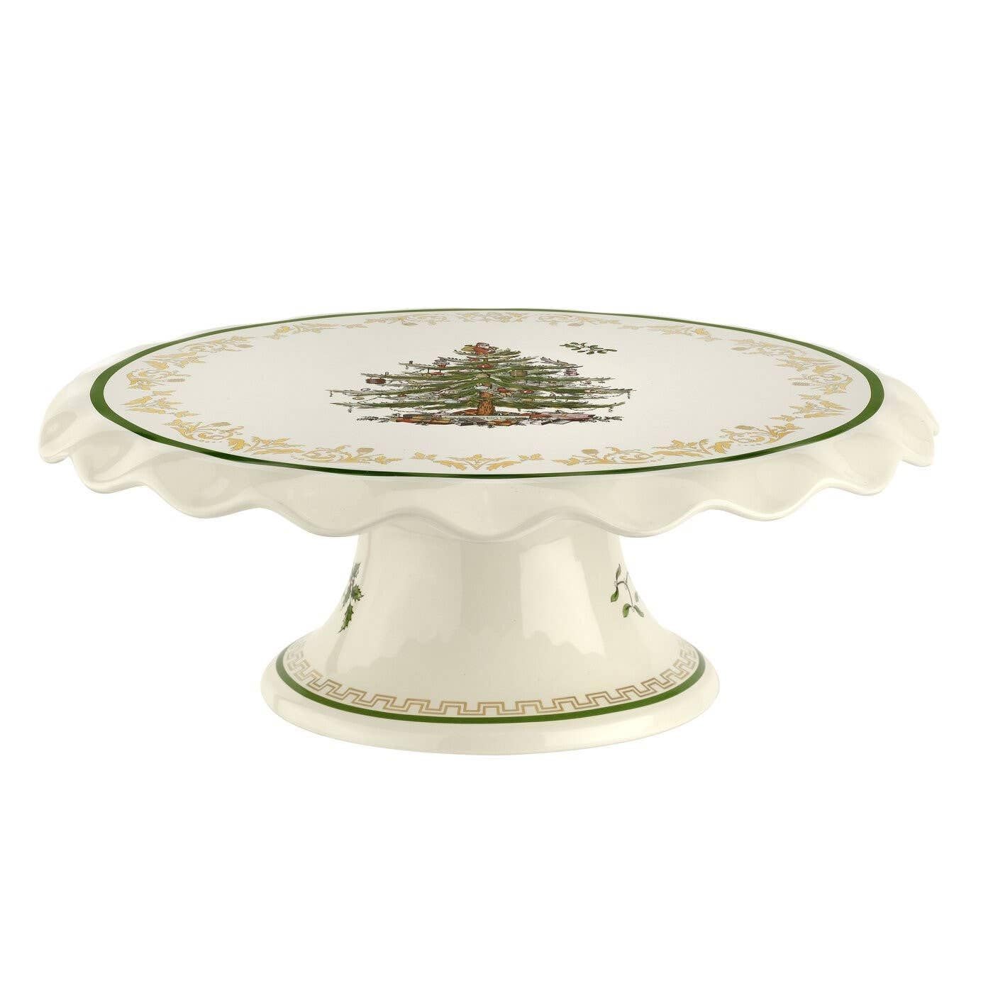 Spode Christmas Tree Gold Cake Stand| Measures 11-inches| Cake Plate| Holiday Cake Tray| Cupcakes, Cookies, and Desserts Serving Dish| Made of Porcelain| Dishwasher Safe