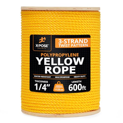 Yellow Twisted Polypropylene Rope, 1/4" Thickness x 600' Length Heavy Duty Poly Ropes for Outdoor and Marine Use, Yellow Rope for Visibility & Safety