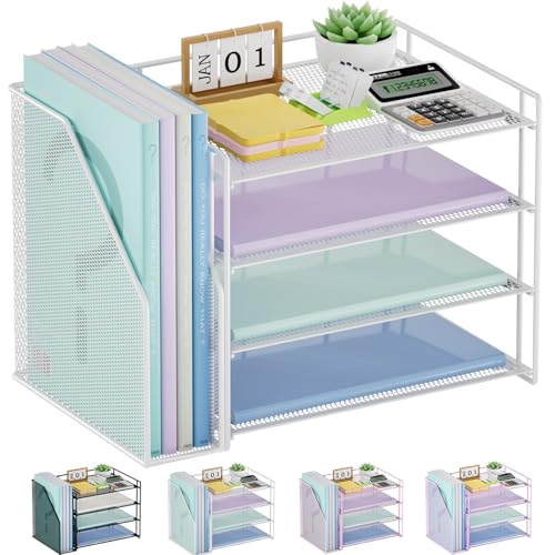 Marbrasse Desk Organizer and Accessoriesï¼Œ4-Tier Paper Letter Tray Organizer with File Holderï¼ŒDesk Accessories & Workspace Desktop Organizers for School Home Office Supplies (White)