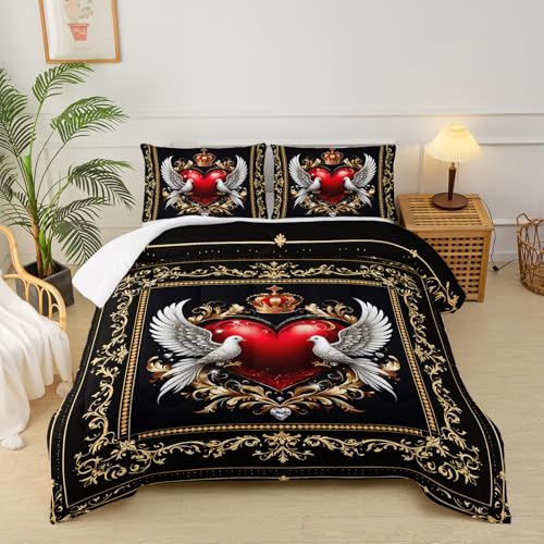 Image of Red Heart Comforter Set Queen Size for Women Girls,Love Pattern Bedding Set 3 Pieces,Crown Love Heart Bird Print Black Paisley Bedding Set,Boho Quilt Set with 2 Pillowcases