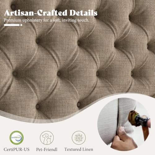 Image of AMERLIFE King Upholstered Bed with Headboard, Wingback, Khaki Linen