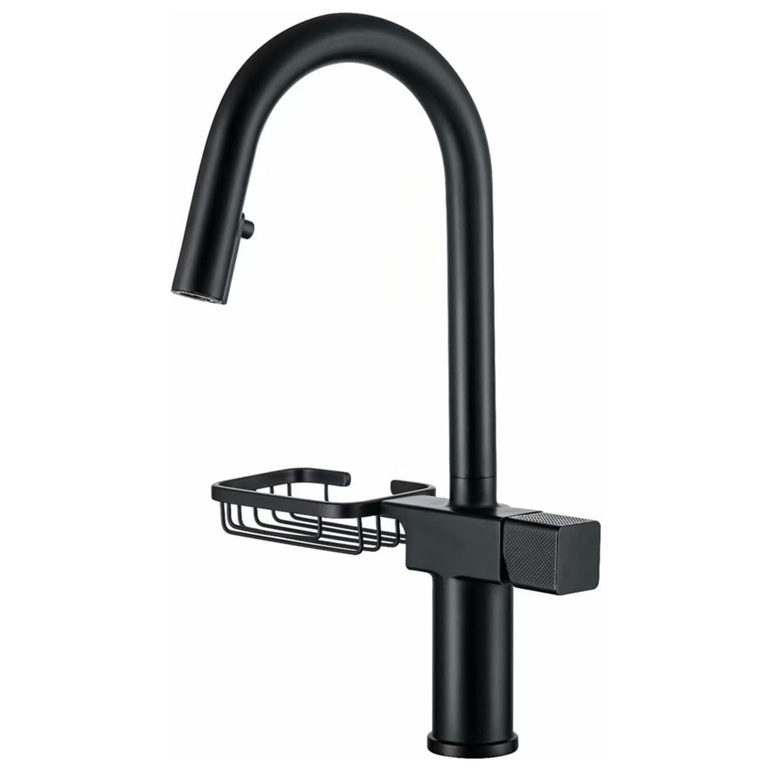 ZYCHSJXA Kitchen Bath Taps Pull Down Sink Faucet High Arc Swivel Faucets with 2 Function Out Sprayer Solid Brass Deck Mounted Single Hole Mixer Soap Drainer Shelf,Black