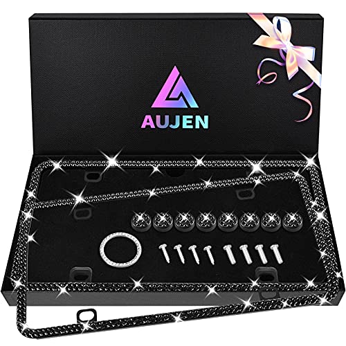 Aujen Bling License Plate Frames 2 Pack, Stainless Metal License Plate Covers, Obstruction-Free & License Plate Frame for Women, Sparkly Rhinestone License Plate Frame Black with Gift Box