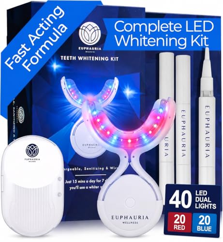 Euphauria Teeth Whitening Kit – Red & Blue LED Light, 12% HP Gel Pens (Pack of 3), Sensitive & Enamel Safe, Rechargeable Wireless, At-Home Results with Carrying Case