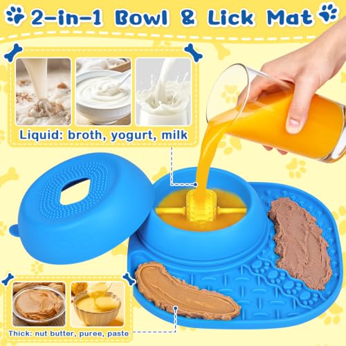 Image of Dog Licking Bowl with Rolling Ball - 2-in-1 Anti-Slip Slow Feeder Dog Bowls w /Lick Mat for Liquid and Thick Treat, 150ml Licking Bowl for Anxiety Relief, Fits Small Medium Large Dogs & Cats Blue 1Pcs