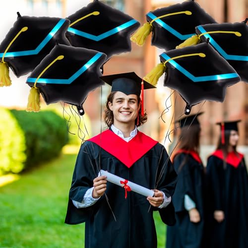 Image of 6 Pcs Graduation Cap Balloons, Large Academic Cap Shaped Black Mylar Graduation Foil Balloons, Grad Hat balloons for 2026 Graduation Party Decorations (Black Blue)