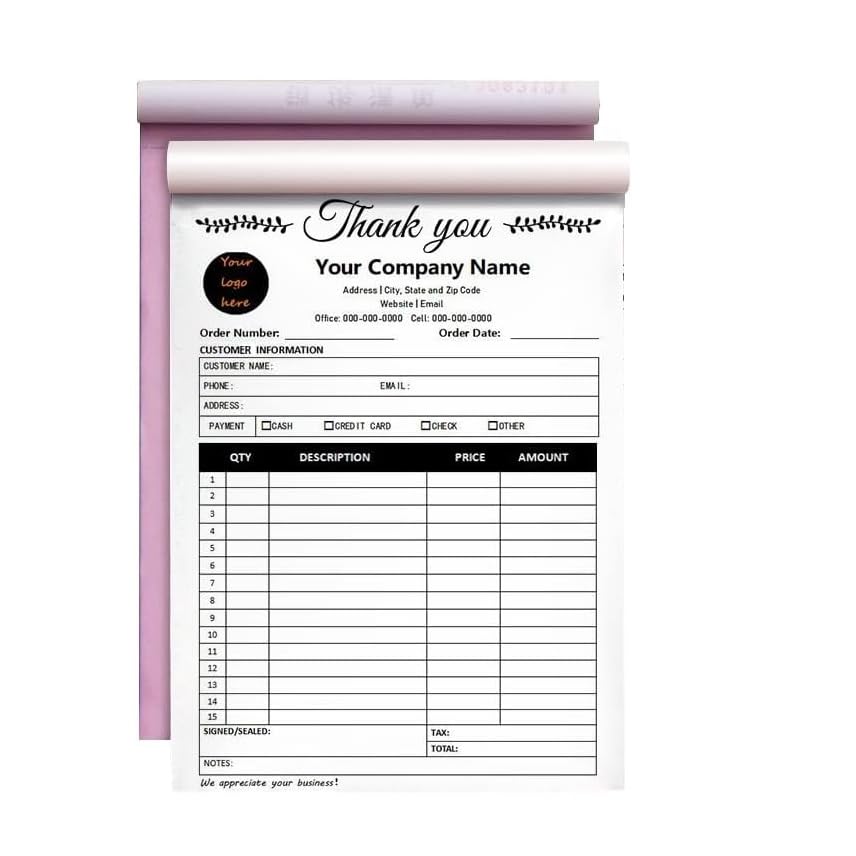 Custom Invoice Form with Your Company Name,Personalized Carbonless Sales Invoice Books Small Business Add Address,Phone and Number (Thank You Receipt-