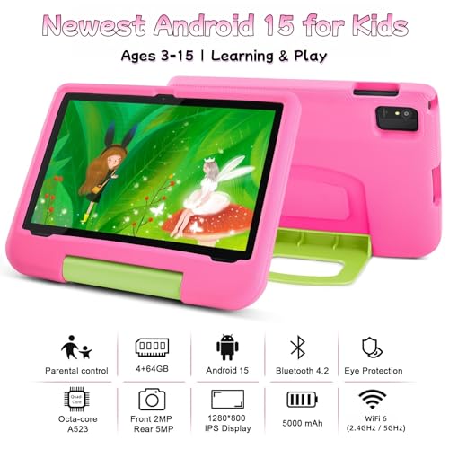 Image of Kids Tablet - 10.1 inch Android 15 Tablet for Kids with 8GB RAM 64GB Storage, WiFi 6, Octa-Core CPU, Parental Control, Pre-Installed Kids Apps, 5000mAh Battery, EVA Case - Tablets for Children Ages 3-15