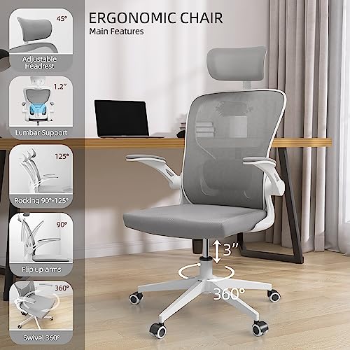 Image of Monhey Office Chairs, Ergonomic Office Chair, Computer Chair with Adjustable Headrest, Lumbar Support, 2D Armrest, Metal Base and Iron Legs, White Frame Grey Mesh Office Chair