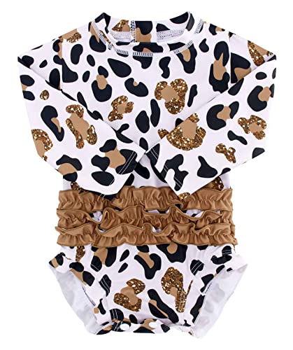 Image of uideazone Newborn Baby Girls Rash Guard Swimsuit Quick Dry One Piece Leopard Swimwear Infant Long Sleeve Ruffle Bathing Suit UV Protection for Beach Lake Pool Sport 3-6 Months