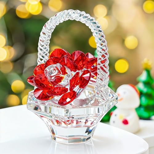 H&D HYALINE & DORA Crystal Red Rose Flower Basket Crystal Collectible Figurines Ornaments for Home Decor Table Centerpiece