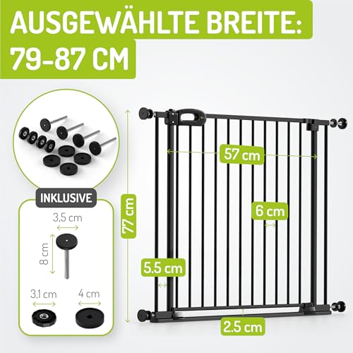 Bomi Treppenschutzgitter Merle Flatstep, Breite 79-87 cm | Türschutzgitter ohne Bohren, stabile Kindersicherung für Kind & Hund, TÜV geprüftes Hundegitter, Türgitter, Treppengitter, Metall Schwarz